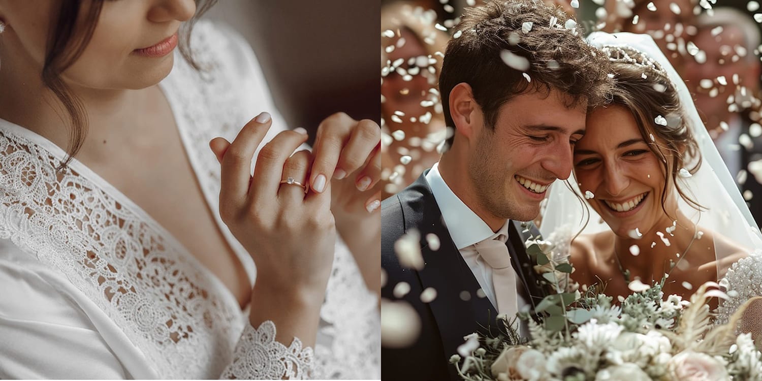 Wedding rings and a newly married couple