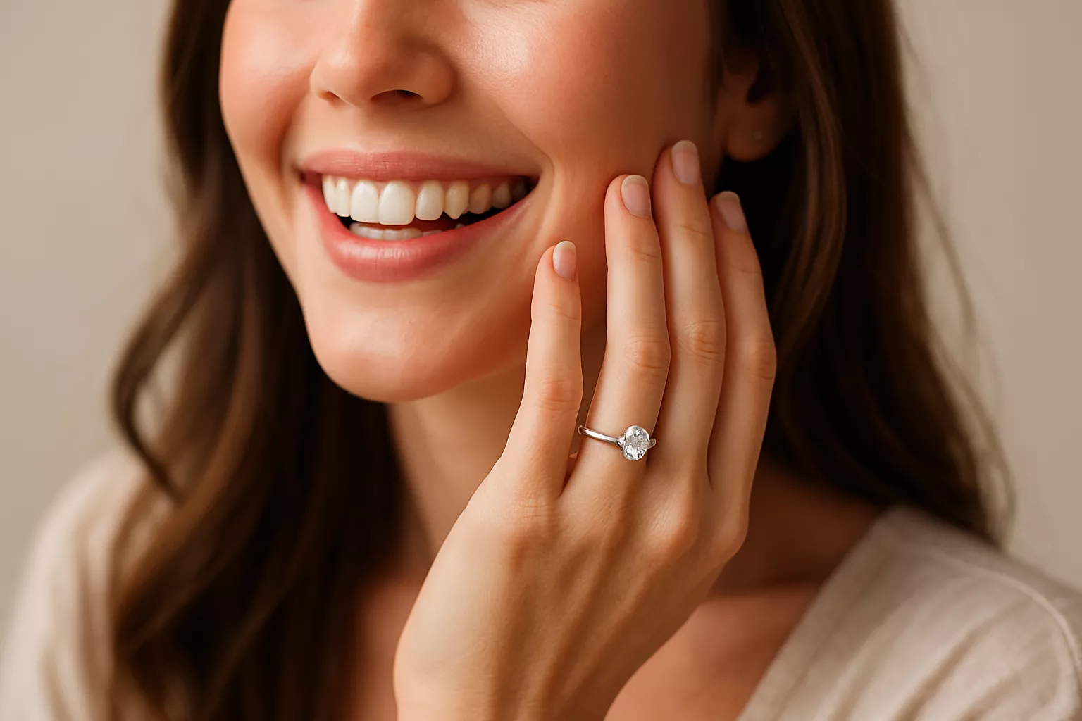 Woman smiling while wearing a diamond engagement ring